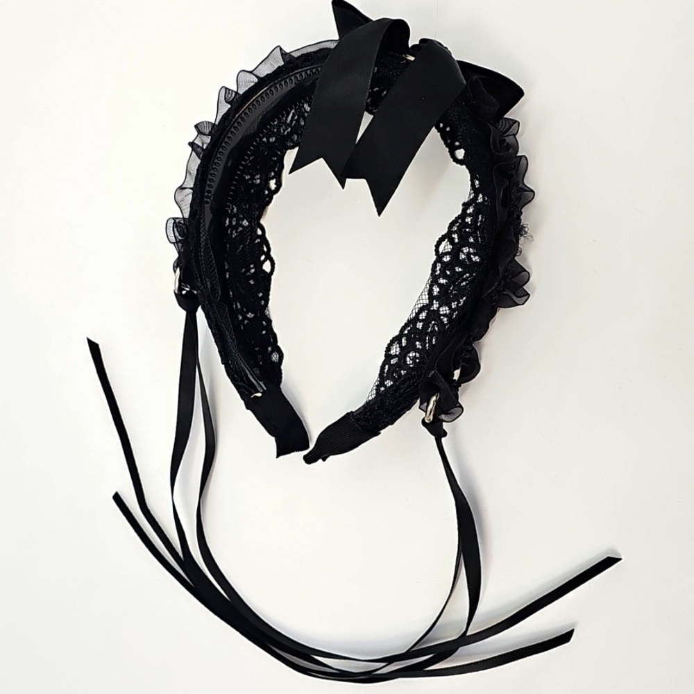 nOir Elegant Black Ribbon Mesh‎ Lace Headpiece Whimsygoth Dark Fairycore